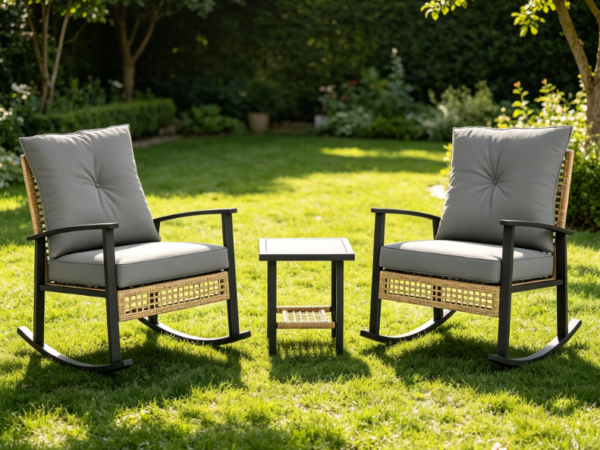 3 Piece Gray Rattan Rocking Chair Set | Includes Coffee Table + Porch Chair | Button up Tufted Cushions | Suitable for Backyard, Balcony, and Garden