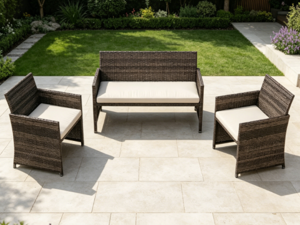 4 Piece Brown + Beige PE Rattan Outdoor Lounge Chair Set | With Cushions + Tempered Glass Table | All Weather Table and Chair Set | Suitable for Patios, Porches, and Backyards