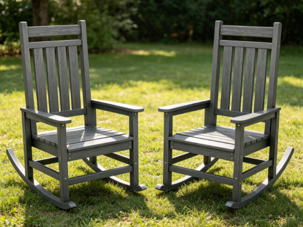 2 Piece Gray HDPE Adult Outdoor Rocking Chair Set | All Weather Porch Rocking Chair | Suitable for Lawn and Garden
