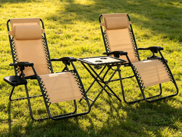 2 Piece Beige Zero Gravity Folding Recliner Set | With Cup Holder + Side Table + Headrest | Dimensions: 35 x 26 x 43 inches