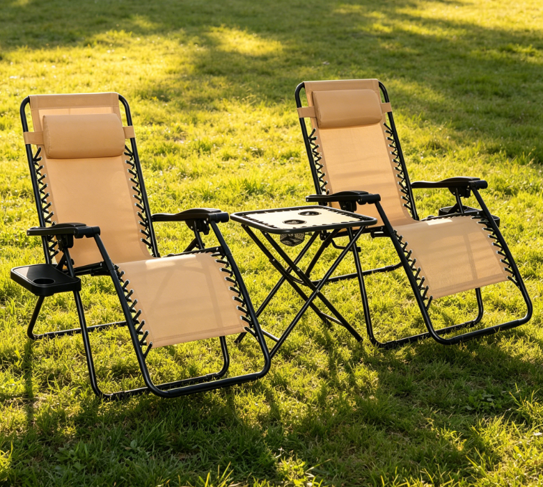 2 Piece Beige Zero Gravity Folding Recliner Set | With Cup Holder + Side Table + Headrest | Dimensions: 35 x 26 x 43 inches