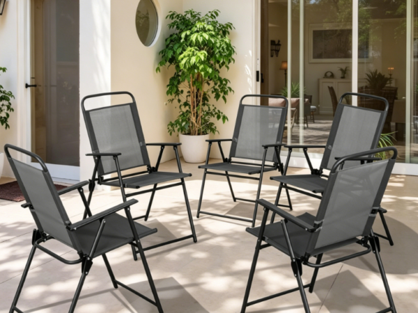 6 Piece Black Folding Outdoor Dining Table and Chair Set | Small Metal Garden Table and Chair Set + Sunshade | Suitable for Lawn, Patio, and Backyard